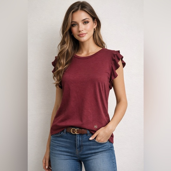 Michael Kors Tops - Michael Michael Kors Burgundy Ruffle Sleeve Top —Size L